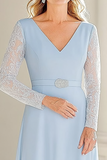 Lace Chiffon Sky Blue A Line V Neck Tea Length Mother of the Bride Dress with Belted