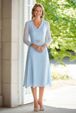 Sky Blue Lace Chiffon A Line V Neck Midi Length Mother of the Bride Dress with Belted