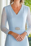 Sky Blue Lace Chiffon A Line V Neck Midi Length Mother of the Bride Dress with Belted