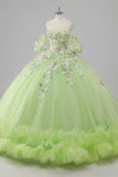 Princess Lemon Green Tulle Ball Gown Long Quinceanera Dress with Appliques