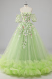 Princess Lemon Green Tulle Ball Gown Long Quinceanera Dress with Appliques