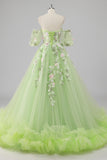 Princess Lemon Green Tulle Ball Gown Long Quinceanera Dress with Appliques