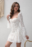 Long Sleeves Bodycon Square Neck Lace Little White Dress