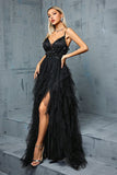 Black A-Line Spaghetti Straps Flowers Ruffles Tulle Long Prom Dress with Slit