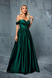 Army Green Off the Shoulder Satin A-Line Long Prom Dress