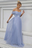 Blue Tulle Off the Shoulder A Line Formal Dress