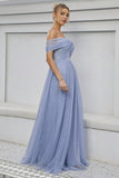 Blue Tulle Off the Shoulder A Line Formal Dress