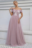 Blue Tulle Off the Shoulder A Line Formal Dress