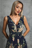 Navy V Neck A Line Printed Flower Chiffon Formal Dress