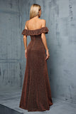 Sparkly Coffee Off the Shoulder Ruffled Sheath Formal Dress with Slit