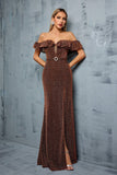 Sparkly Coffee Off the Shoulder Ruffled Sheath Formal Dress with Slit