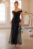 Black Mermaid Off The Shoulder Sequin Long Prom Dress With Tulle