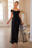 Black Mermaid Off The Shoulder Sequin Long Prom Dress With Tulle