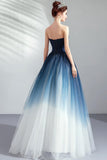 Navy A Line Strapless Tulle Pleated Long Prom Dress