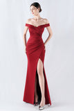 Burgundy Mermaid Off The Shoulder Long Prom Dress With Slit