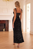 Black Mermaid Corset Spaghetti Straps Sequin Long Prom Dress