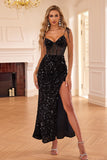 Black Mermaid Corset Spaghetti Straps Sequin Long Prom Dress