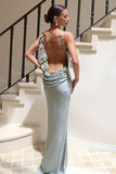 Grey Green Mermaid Spaghetti Straps Backless Long Prom Dress