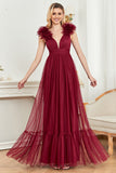 Burgundy A Line V Neck Sleeveless Tulle Prom Dress