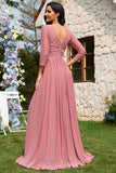 Dusty Rose A-Line V-neck Long Sleeves Chiffon Long Formal Dress