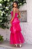 Fuchsia Spaghetti Straps A-Line Tulle Tiered Long Corset Formal Dress