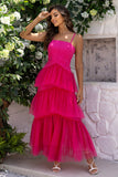 Fuchsia Spaghetti Straps A-Line Tulle Tiered Long Corset Formal Dress