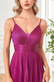 Sparkly Fuchsia A-Line Spaghetti Straps Pleated Long Formal Dress