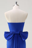 Royal Blue Strapless Short Prom Dress With Big Bow Flowing Train