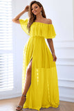 Yellow A-Line Off the Shoulder Ruffle Long Formal Dress with Slit