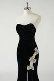 Black Strapless Velvet Sparkly Bows Long Formal Dress With High Slit (Not Gloves)