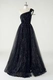 Sparkly Black Tulle A-Line One Shoulder Sequin Long Prom Dress with Slit