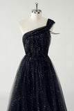 Sparkly Black Tulle A-Line One Shoulder Sequin Long Prom Dress with Slit