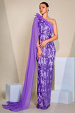 Sparkly Purple One Shoulder Mermaid Sequins Long Prom Dress with Cape