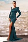 Dark Green Mermaid Long Sleeves Prom Dress with Slit