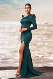 Dark Green Mermaid Long Sleeves Prom Dress with Slit