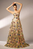 Sparkly Floral Apricot A-Line Long Prom Dress