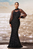 Sparkly Mermaid Black Sequin Long Sleeves Prom Dress