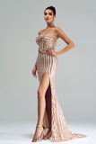 Apricot Mermaid Strapless Sequined Split Prom Dress