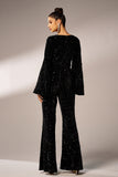 Black Sequin Long Sleeves Jumpsuit with Belt