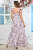 Lilac Floral Print Cape Straps With Ruffle Long Prom Dress