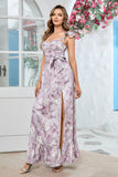 Lilac Floral Print Cape Straps With Ruffle Long Prom Dress