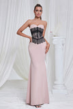 Mermaid Pink Strapless Lace Long Prom Dress