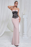 Mermaid Pink Strapless Lace Long Prom Dress