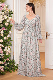 A Line Green Floral Printed Long Sleeves Long Prom Dress