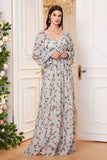 A Line Green Floral Printed Long Sleeves Long Prom Dress