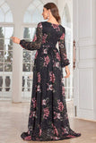 A Line Long Sleeves Floral Print Black Long Prom Dress