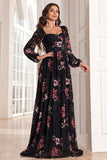 A Line Long Sleeves Floral Print Black Long Prom Dress