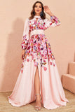 Floral Print Pink A Line Long Sleeves Prom Dress with Slit