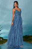 Sparkly Spaghetti Straps Grey Blue Tulle A Line Prom Dress