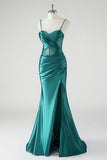 Dark Green Mermaid Satin Spaghetti Straps Long Prom Dress with Slit